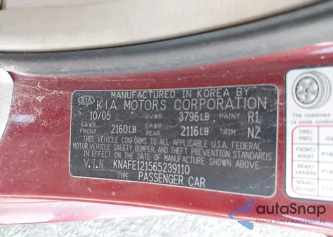 2006 Kia Spectra Ex/Lx/Sx z USA, uszkodzony, nr VIN KNAFE121565239110